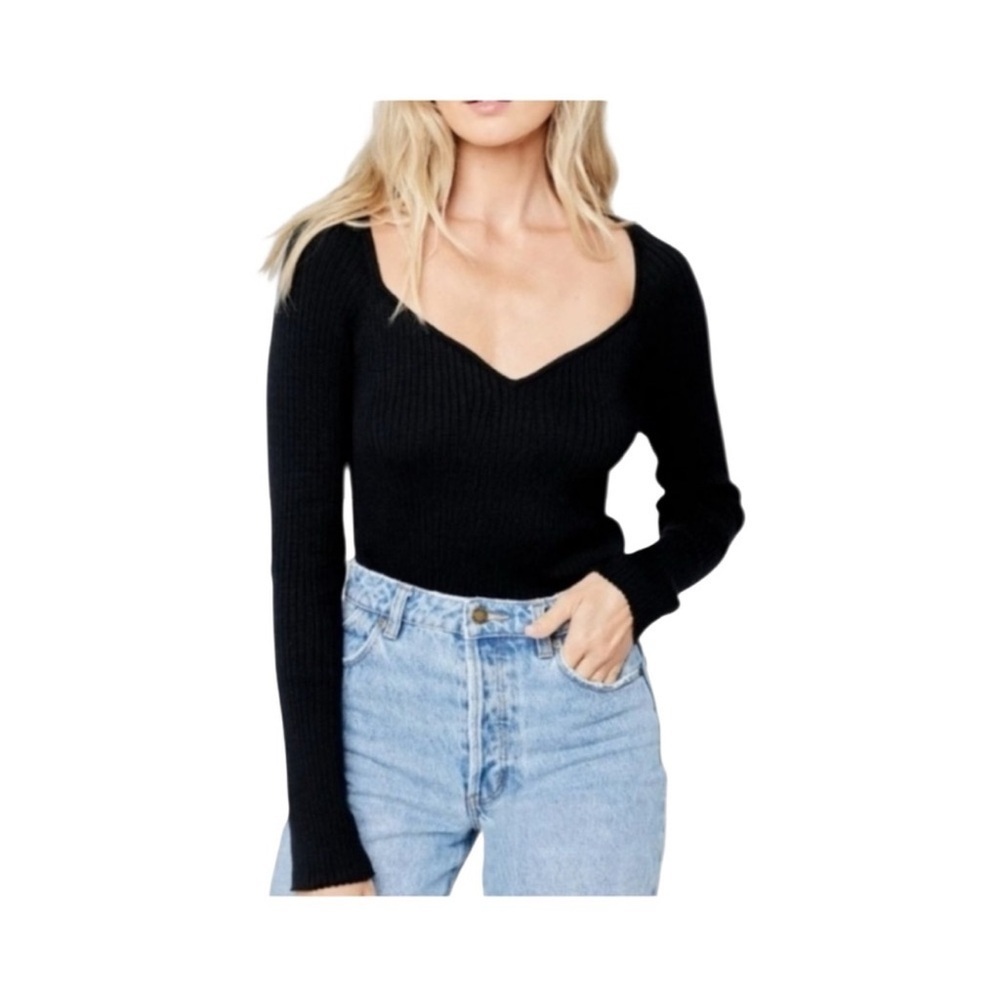 L*Space Camryn Ribbed Fitted Long Sleeve Black Sweater NWT Size L